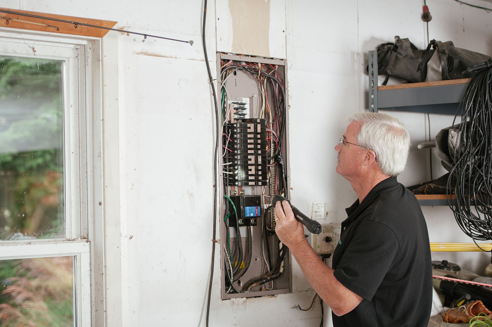 A gray-haired technician in a black polo shines a flashlight into an open residential breaker panel full of wiring